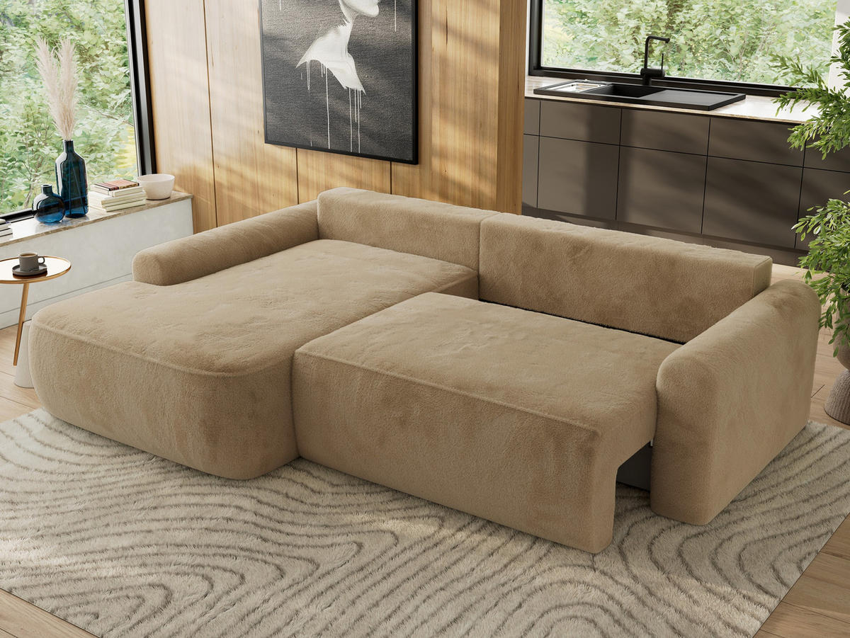 ECKSCHLAFSOFA CUBO L Beige Plüsch - links - Beige/Schwarz, Kunststoff/Textil (273/187cm) - MKS