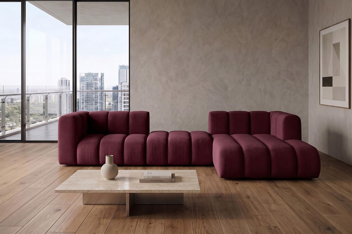 ECKSOFA Modulares In L-Form, Velvet-Stoff Riviera, Rotwein, Rechts, GRAND 319 cm - Dunkelrot, Holz (319/175cm) - Kaiser Möbel