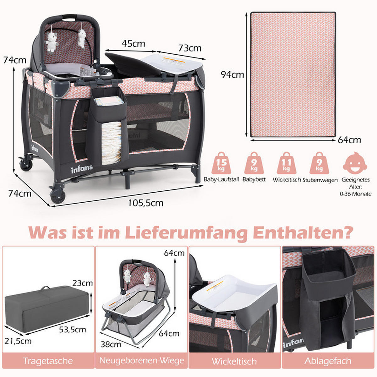 BEISTELLBETT mit Matratze grau - Pink, Textil - COSTWAY