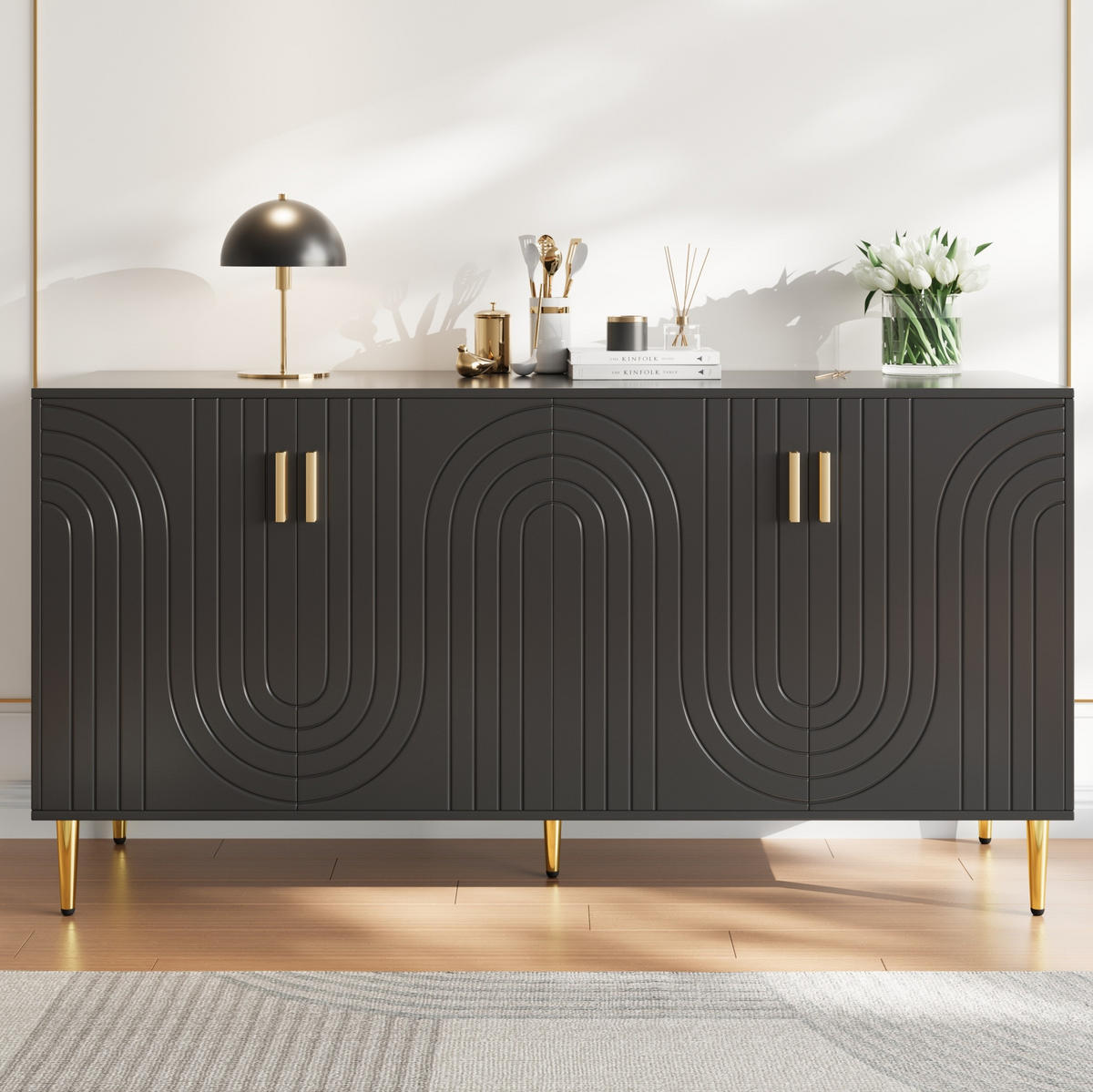 SIDEBOARD 152/40/75 cm Schwarz aus MDF mit Wellendesign - Schwarz, Holzwerkstoff (40/75/152cm) - OKMYHOME