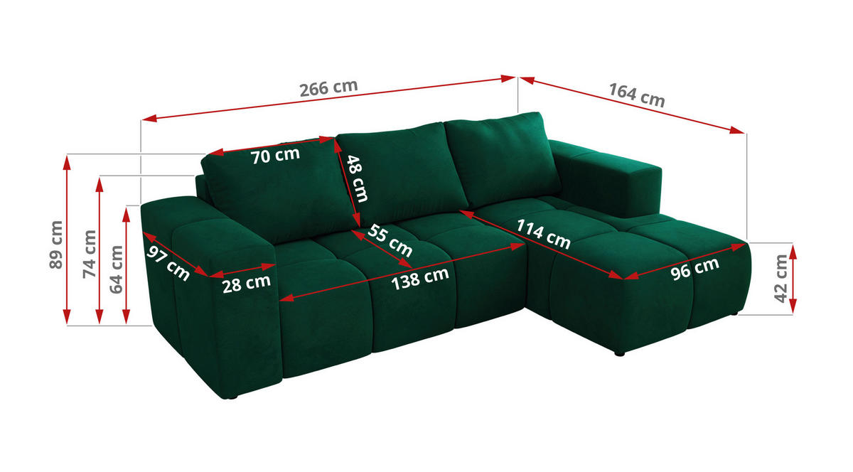 ROHOVÁ SEDAČKA MONIVA L - Tmavě zelená Samet - Pravá Strana - černá/tmavě zelená, textil/plast (266/164cm) - MKS