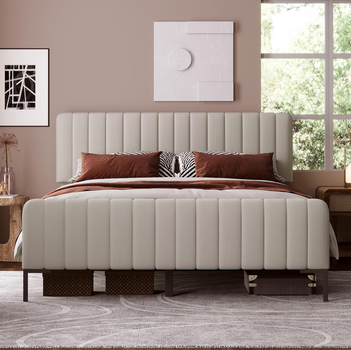 BETT mit verstellbarem Kopfteil 180x200 cm Leinen Gray+Beige - Grau, Metall (180/200cm) - Meubliv