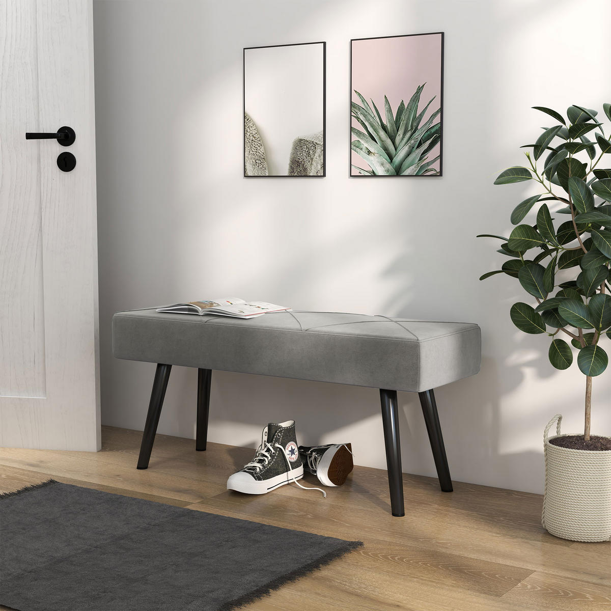 SITZBANK mit Samtoptik und Polsterung DE-09076 Grau - Grau, Metall (100/45/36cm) - ComfortXL