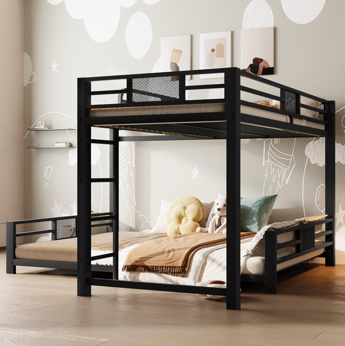 ETAGENBETT aus Metall 90x200/140x200 cm Schwarz in L-Form mit Schutzgittern und platzsparendem Design - Schwarz, Metall (140/200cm) - Modfu