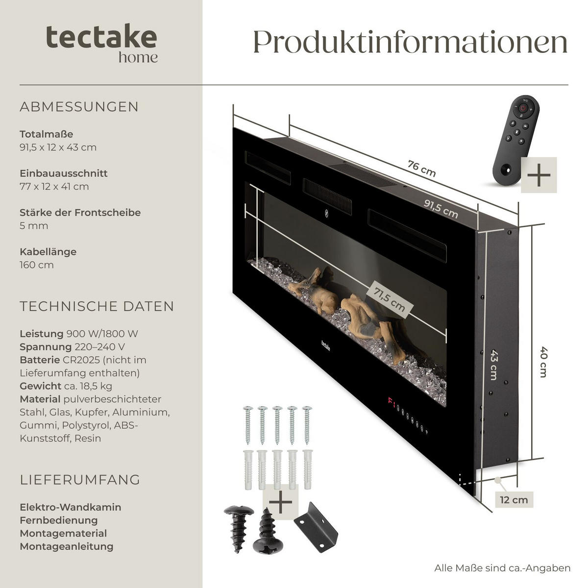 ELEKTRO-WANDKAMIN Luci,mit Fernbedienung und App-Steuerung, integriertes Thermostat,schwarz - Schwarz, Metall (91.5/43/12cm) - tectake