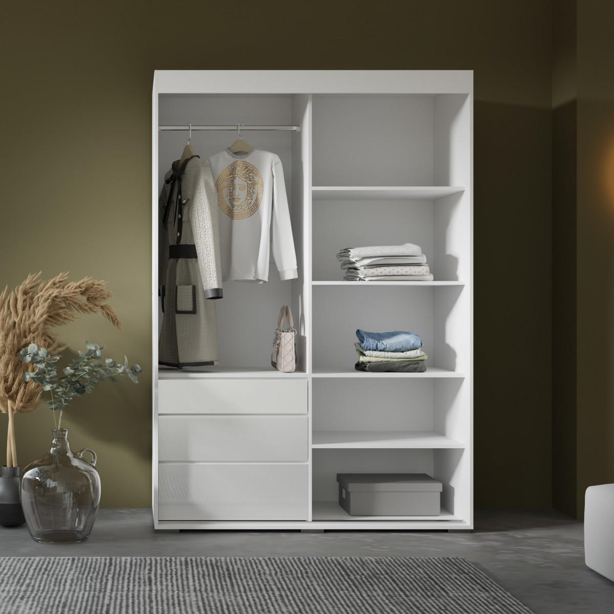 SCHIEBETÜRENSCHRANK mit Schubladen und Spiegel Torino 2D1L 140 Weiß (Lacobel) - Silberfarben/Weiß, Holzwerkstoff/Metall (140/204/65cm) - mzm24