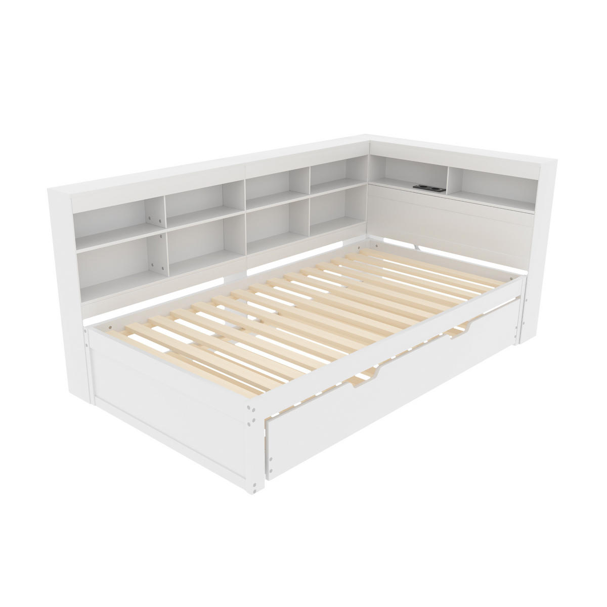 BETTT ausziehbar 90/200 cm mit USB-Buchse und Stauraum Weiß - Weiß, Holz (90/200cm) - OKWISH