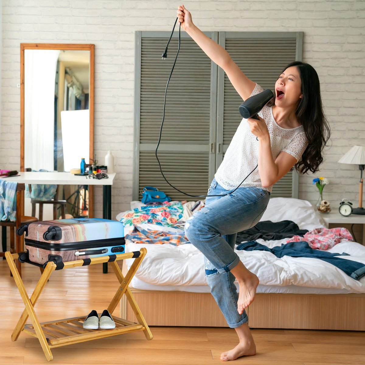 STOJAN na kufre - svetlohnedá, drevo (68/53/47cm) - Relaxdays