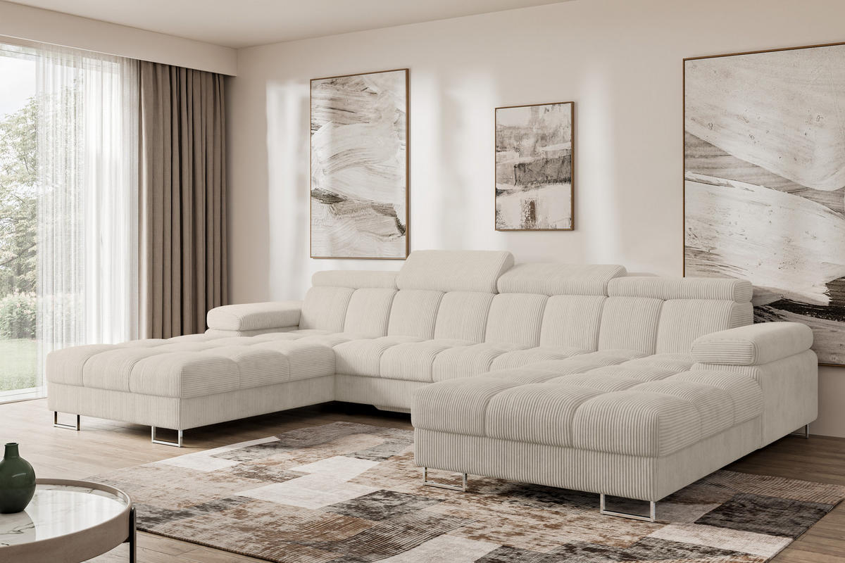 WOHNLANDSCHAFT mit Schlaffunktion und Bettkasten COMA U2 345x203x79 Beige Cord - Beige, Holzwerkstoff/Textil (345/79/203cm) - ALTDECOR