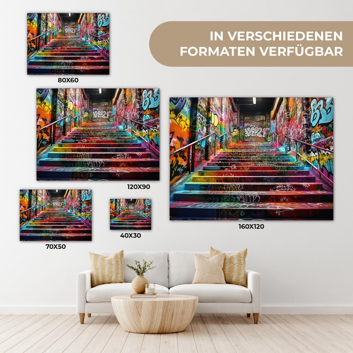 LEINWANDBILD Treppe - Graffiti - Farben - Kunst Wandbilder 80x60 cm - Multicolor, Textil (80/60cm) - MuchoWow