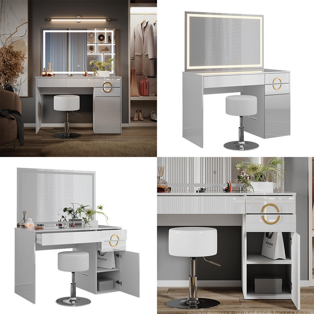 SCHMINKTISCH Adela Weiß 115 cm mit LED Spiegel und Hocker - Weiß, Holzwerkstoff (115/76.4/55cm) - Vicco