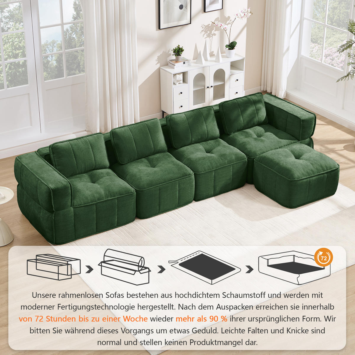 ECKSOFA 344/162/67 cm Grün mit 1 Fußhocker - Grün, Textil (344/162cm) - Oxeza