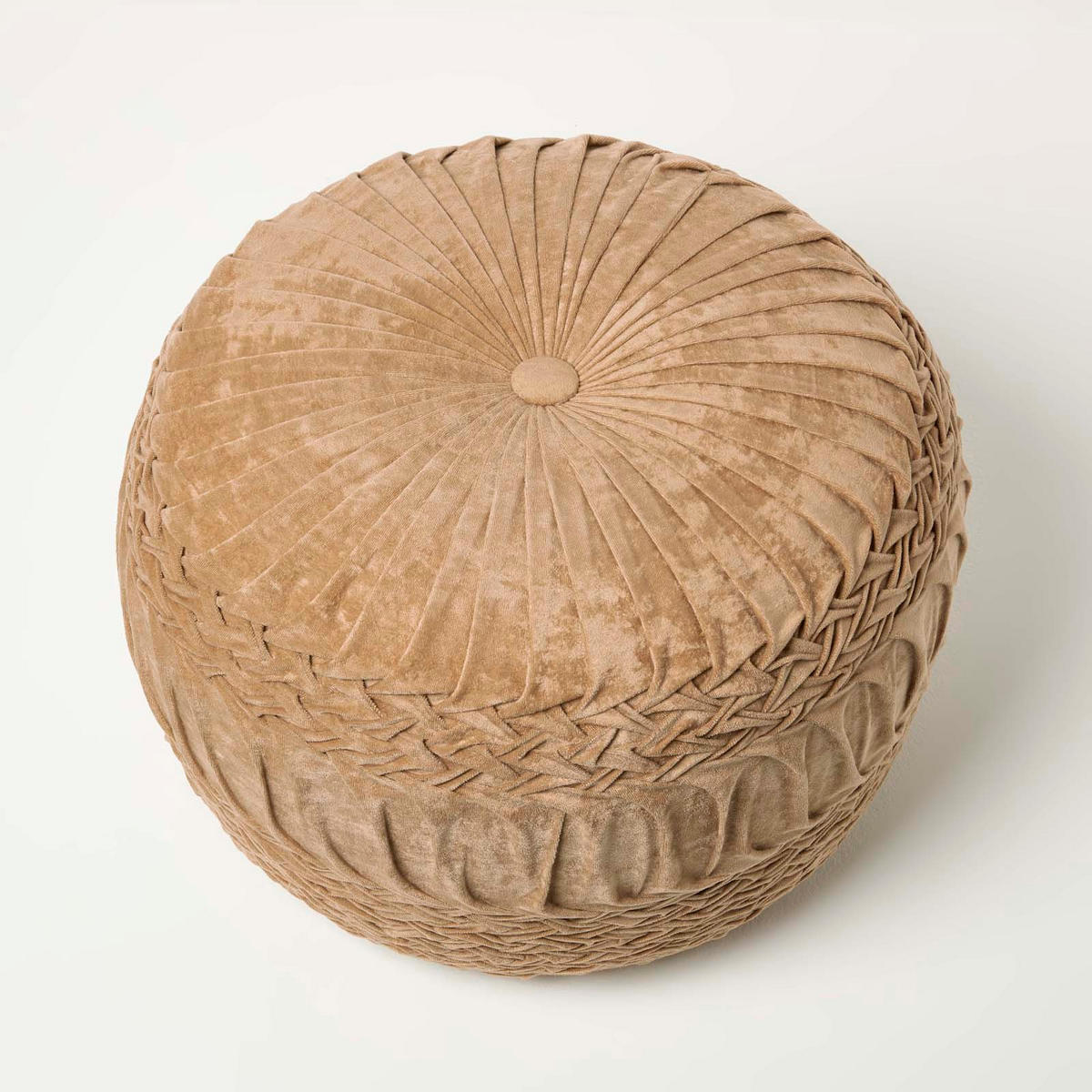 SAMT-POUF Sofia sand, plissiert in Flechtoptik, 50/50/35 cm - Sandfarben, Textil (50/35/50cm) - Homescapes