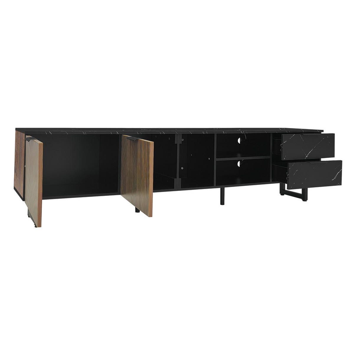 TV-SCHRANK 200cm schwarze Marmoroptik Holzmasertüren LED 2 Türen 2 Schubladen - Schwarz, Holz (38/50/200cm) - FLIEKS