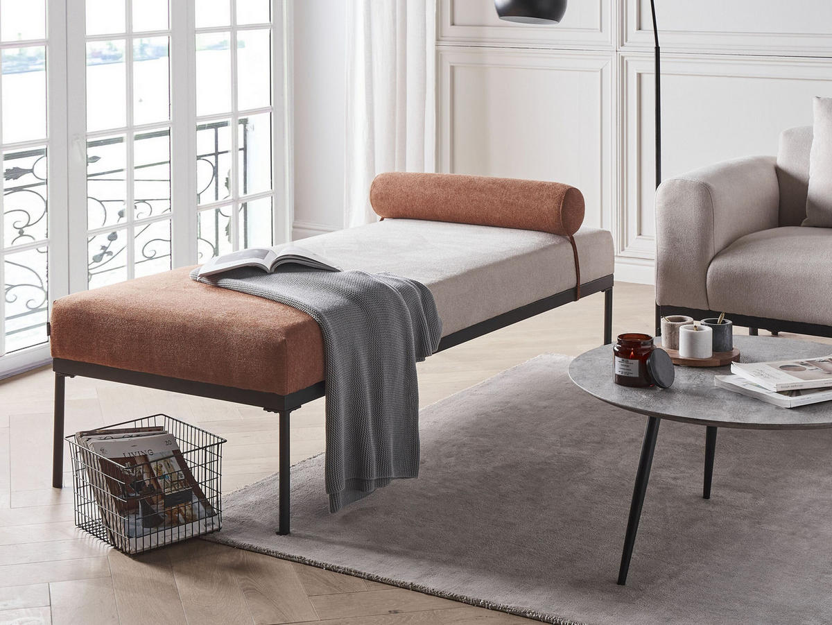 ČALOUNĚNÉ LEHÁTKO CHAISE LONGUE Umělý len Zlatohnědé Malmos - černá/zlatá, textil (172/47/73cm) - Beliani