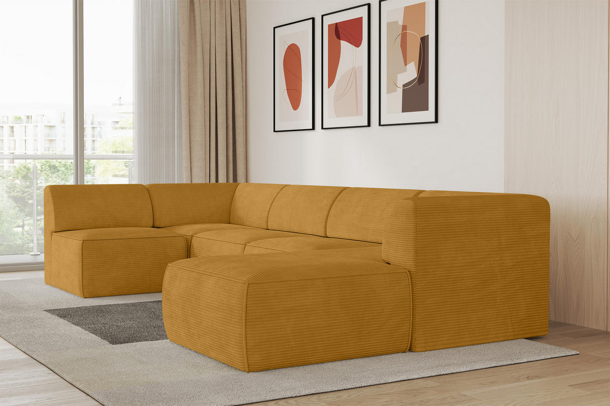 WOHNLANDSCHAFT Ottomane Rechts MOVO-L 345x180x78 cm Senffarbe Cord - Honig, Holzwerkstoff/Kunststoff (180/78/345cm) - ALTDECOR