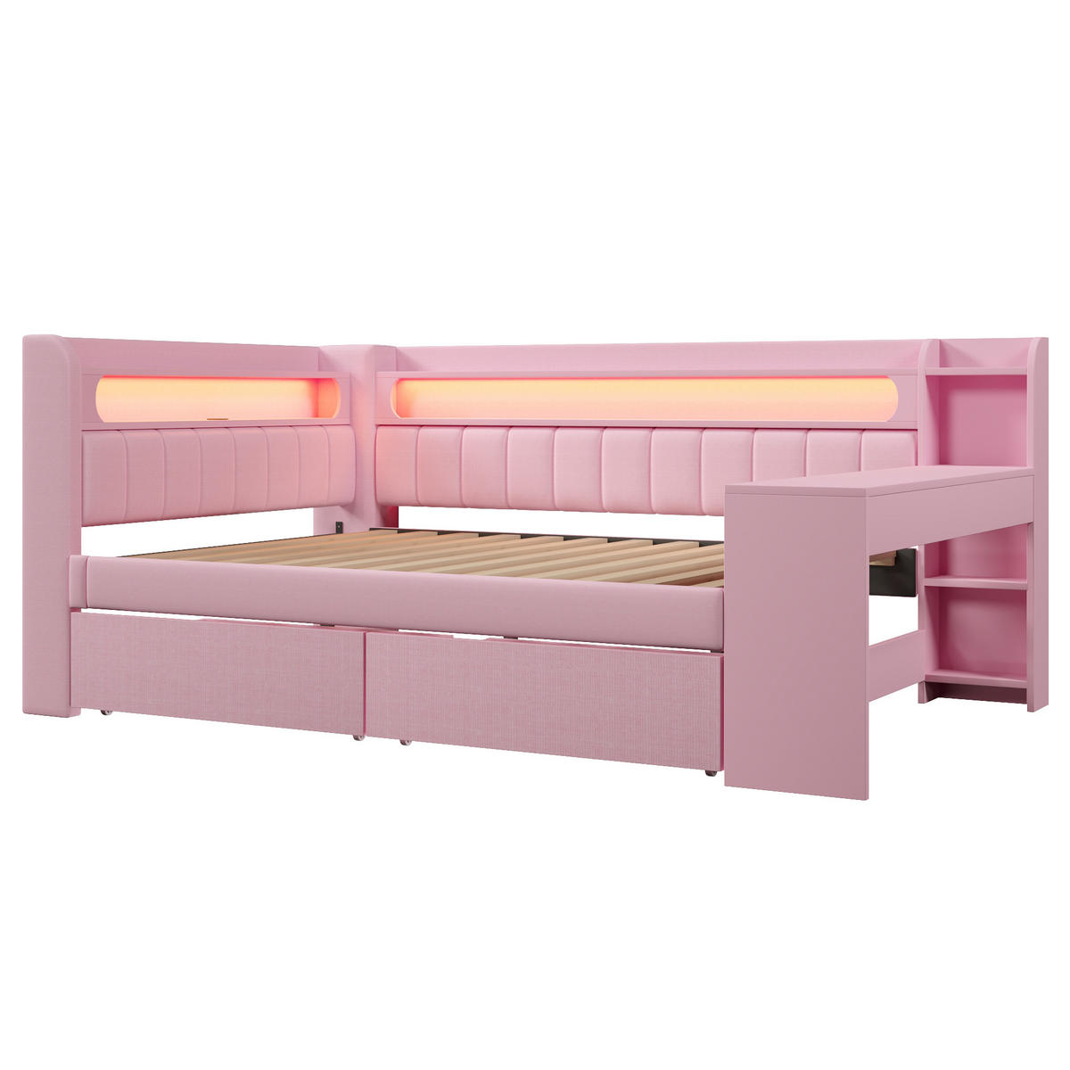 BETT 140/200 cm in Rosa Stoff mit 2 Schubladen, LED, USB und Schreibtisch - Rosa, Holzwerkstoff/Textil (140/200cm) - WISHDOR