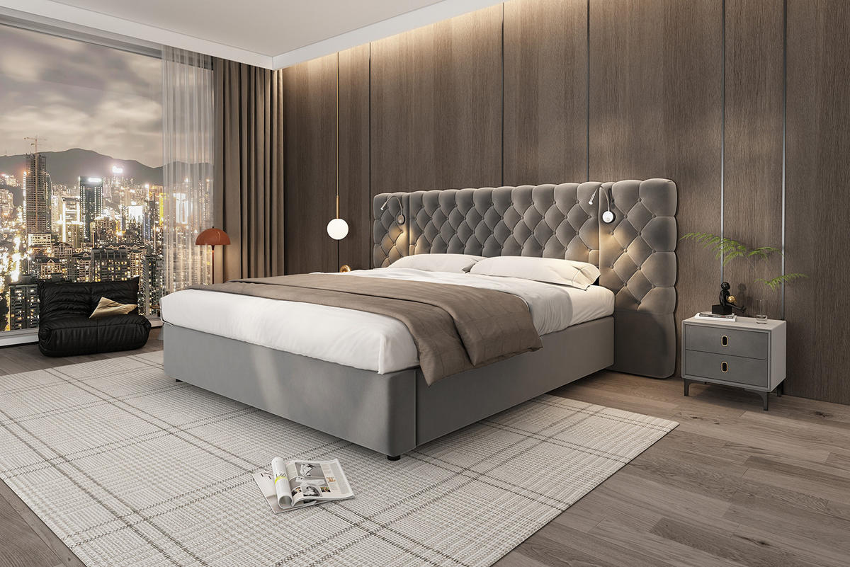 POLSTERBETT 180/200 cm in Grau Samt mit Bettkasten und LED - Grau, Holzwerkstoff/Textil (180/200cm) - CHICFURN