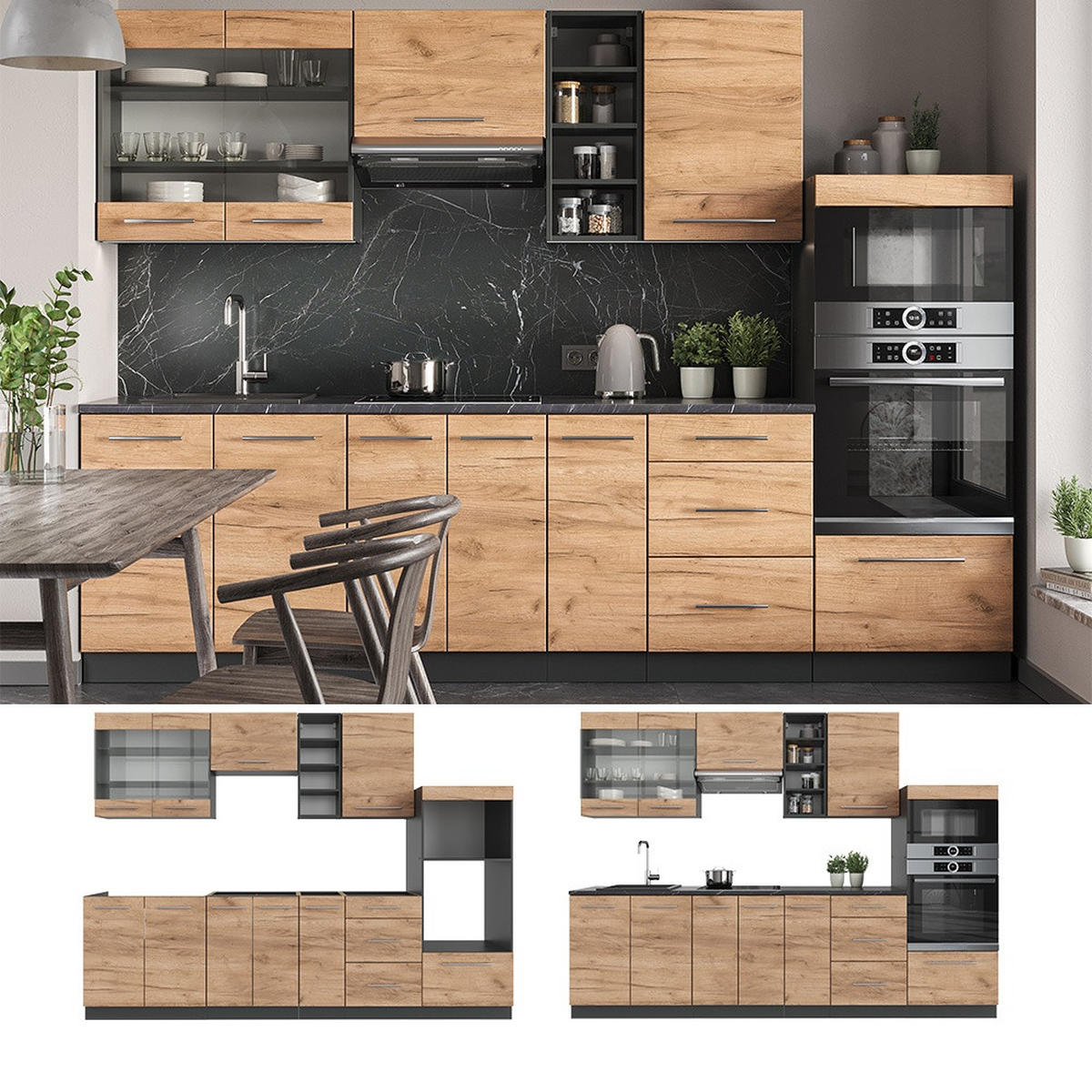 KUHINJSKI BLOK Fame-Line Zlata moč hrast/antracit 280 cm , DP Hrast - medeni hrast/antracit, leseni material (280/81.6/60cm) - Vicco
