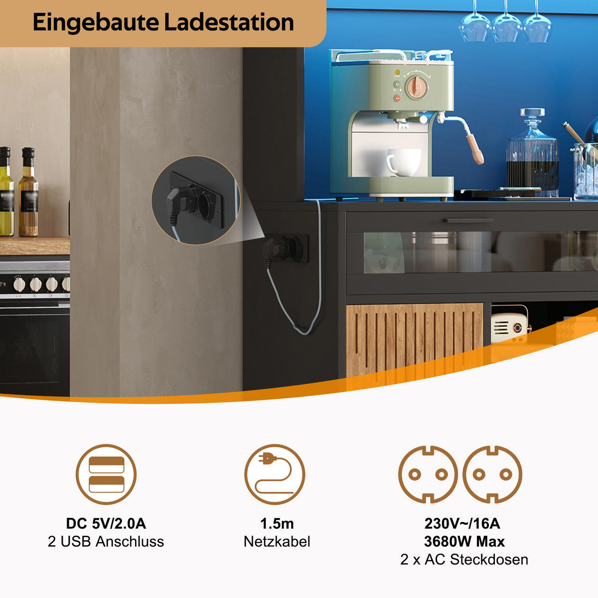 KÜCHENSCHRANK Vorratsschrank mit RGB-LED Steckdosen Glas-Klapptür & Weinregal 180cm - Naturfarben, Holzwerkstoff (105/180/40cm) - Urban Meuble