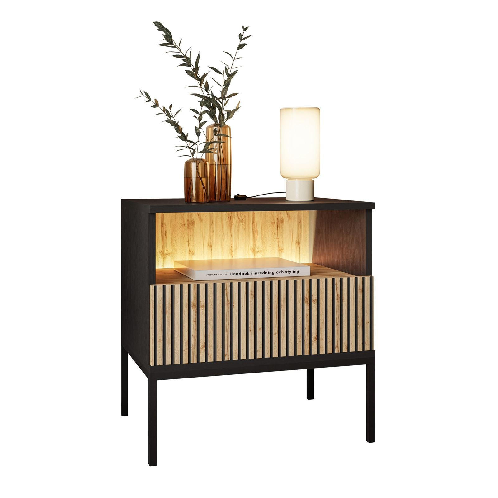 NACHTTISCH ECLIPSE S54 mit Beleuchtung,Schwarz Eiche Wotan - Eiche Wotan, Holzwerkstoff (54/56/39cm) - Lookway