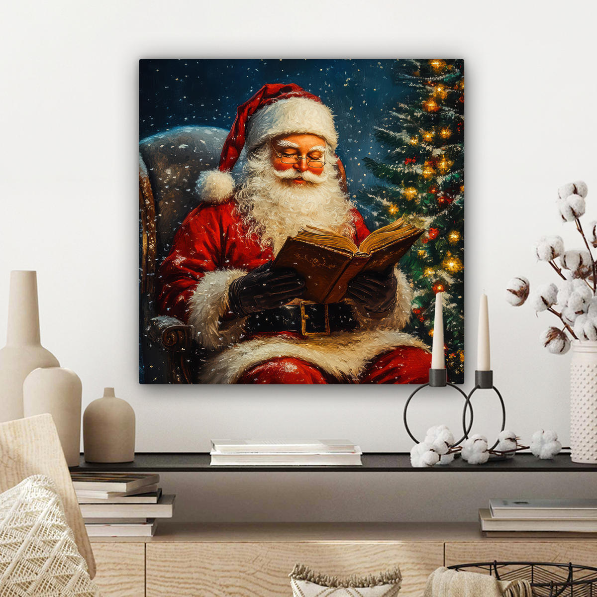 LEINWANDBILD Weihnachtsmann - Weihnachten - Winter - Weihnachtsbaum Wandbild Wohnzimmer 50x50 cm - Bordeaux, Textil (50/50cm) - MuchoWow