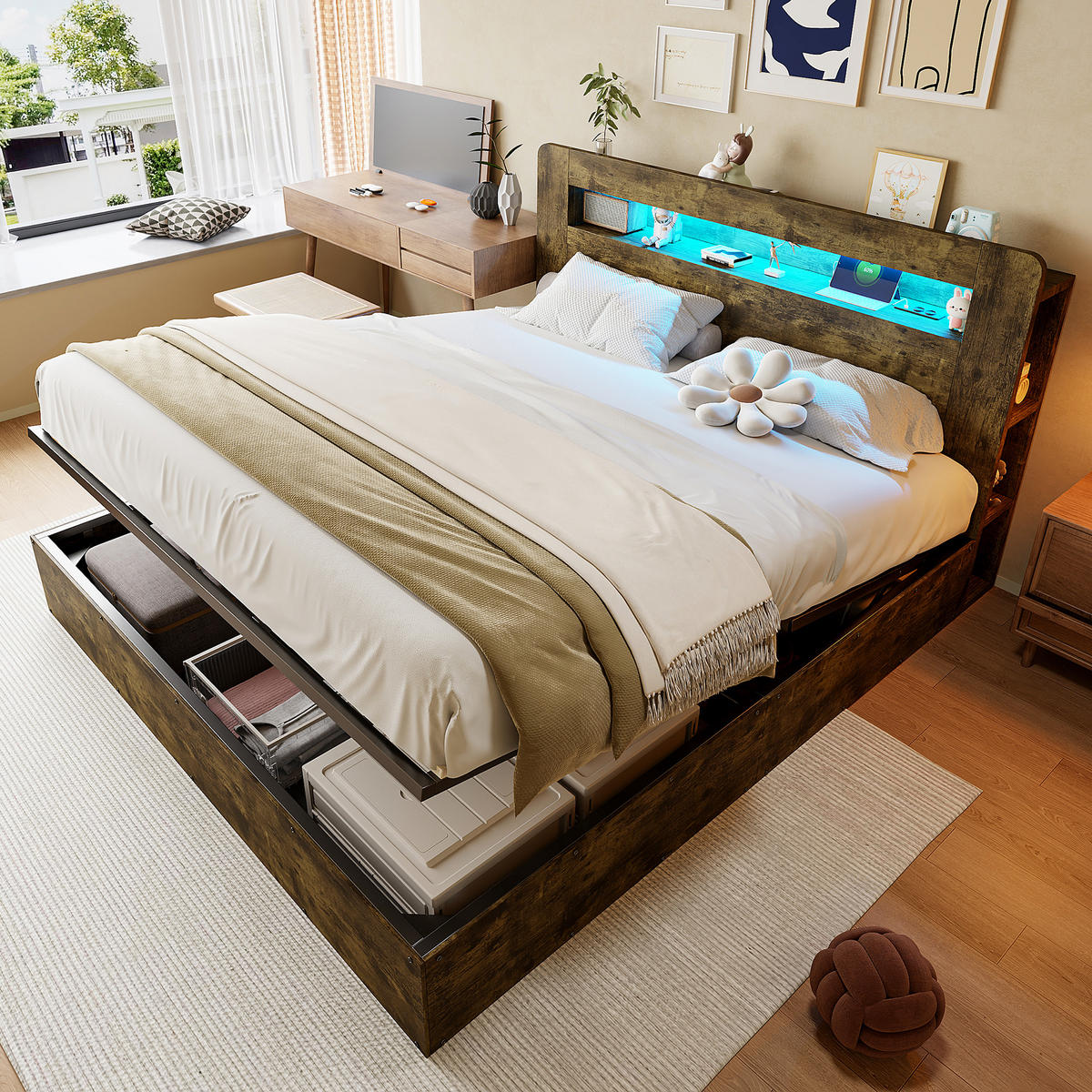 POSTEL 180x200 Dřevo LED Čelo Úložný Prostor Zásuvka - přírodní, dřevo (180/200cm) - FLIEKS