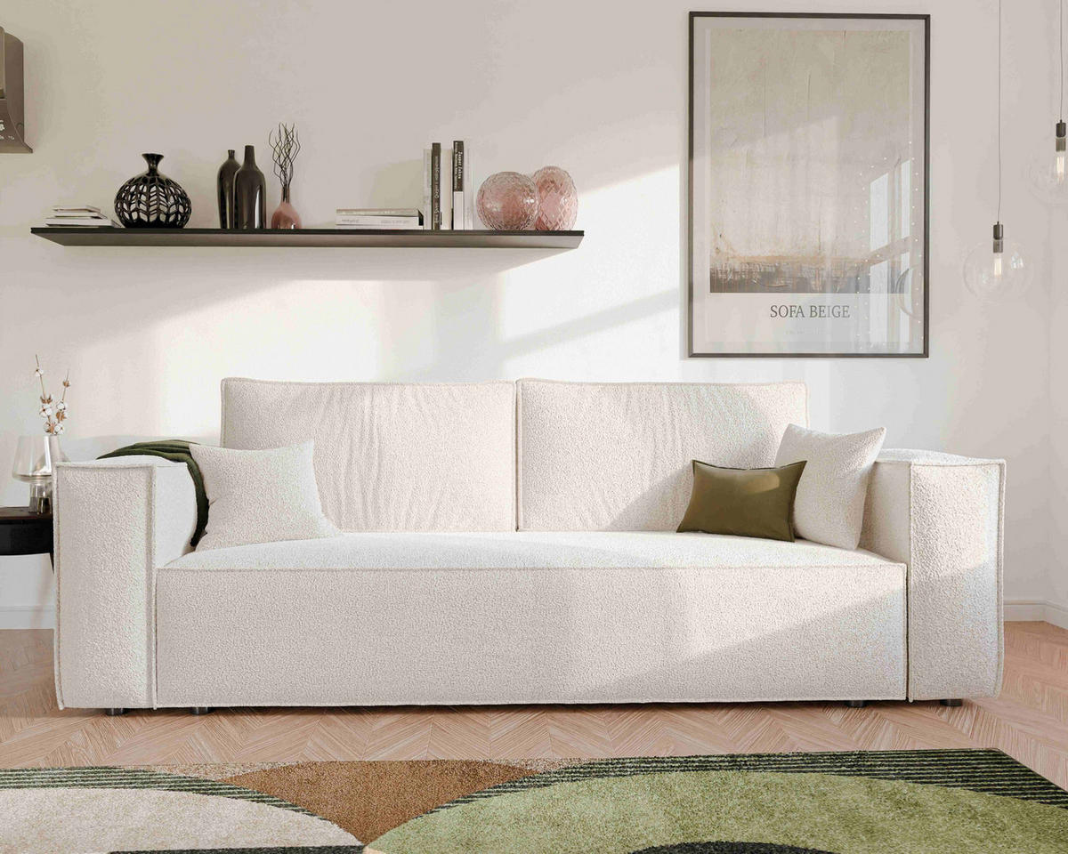 SOFA 3-Sitzer mit Schlaffunktion und Bettkasten, Creme - Beige/Creme, Holzwerkstoff/Textil (240/84/105cm) - Idohome