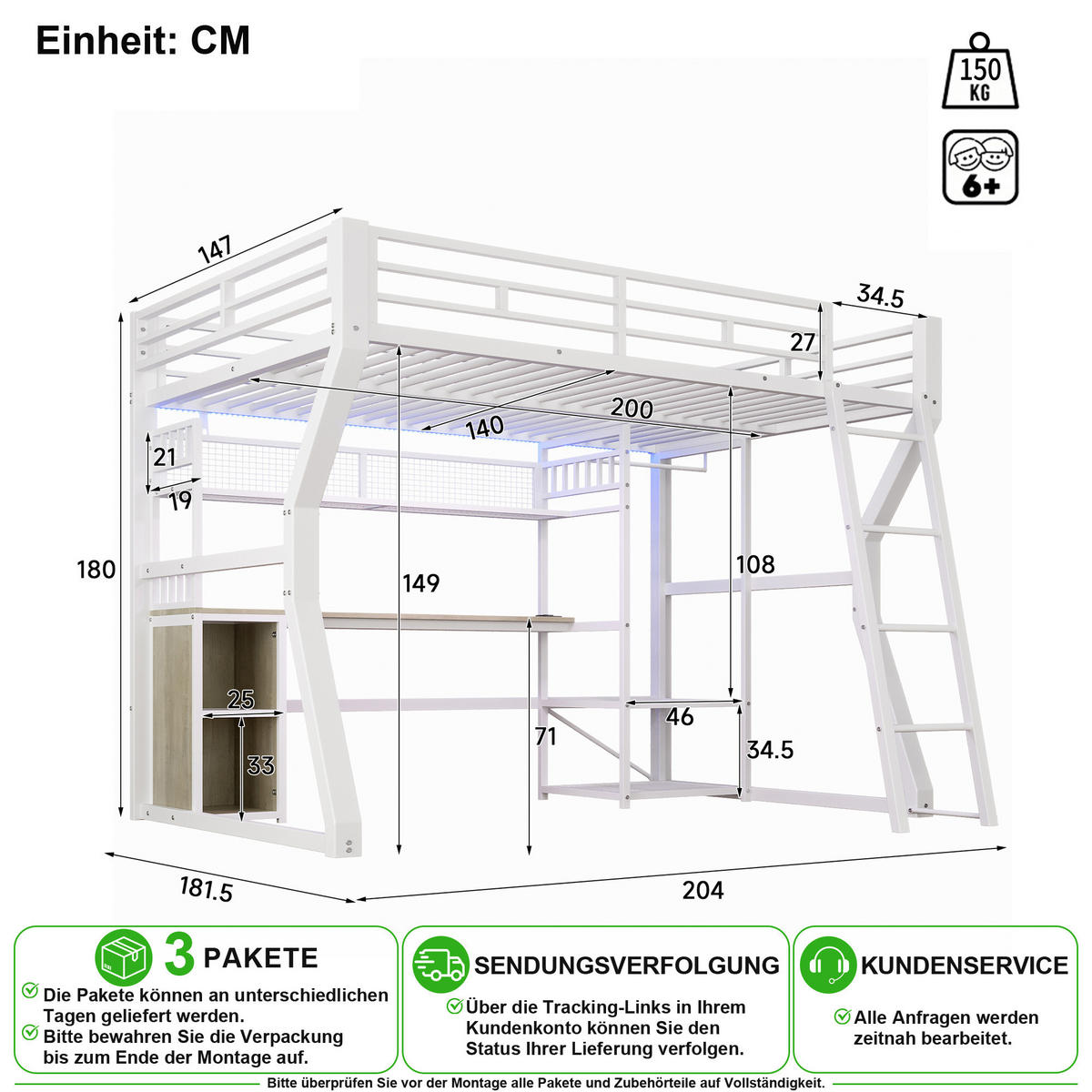 HOCHBETT 140/200 cm in Weiß mit Lichtleiste, Steckdose, Schreibtisch und Staufächern - Weiß, Holzwerkstoff/Metall (140/200cm) - CHICFURN