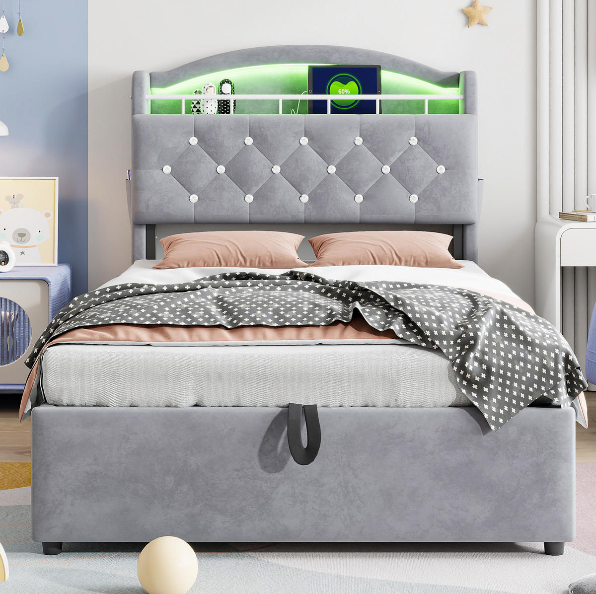 KINDERBETT mit Stauraum 90x200 cm Samt Grau mit LED und USB - Grau, Metall (90/200cm) - Meubliv