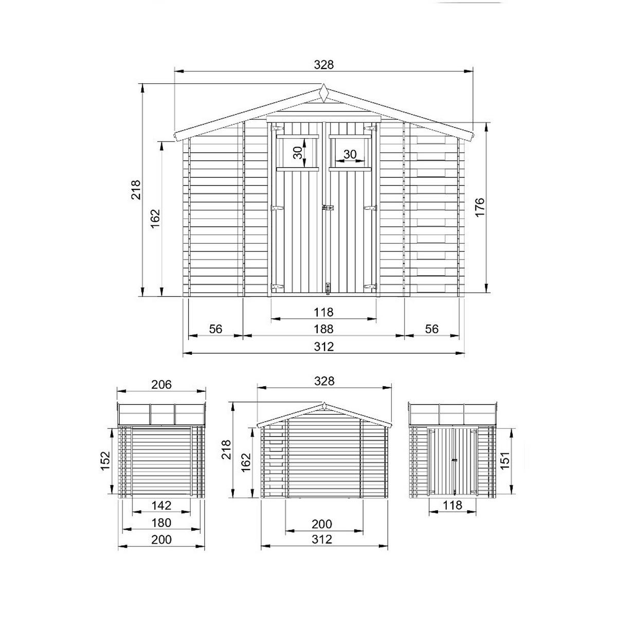HOLZHAUS GARTENHAUS mit Brennholzschuppen M389+M389G - mit imprägniertem Boden - 3,53 + 0,97 + 0,97 m2 - Beige, Holz (328/218/206cm) - Timbela