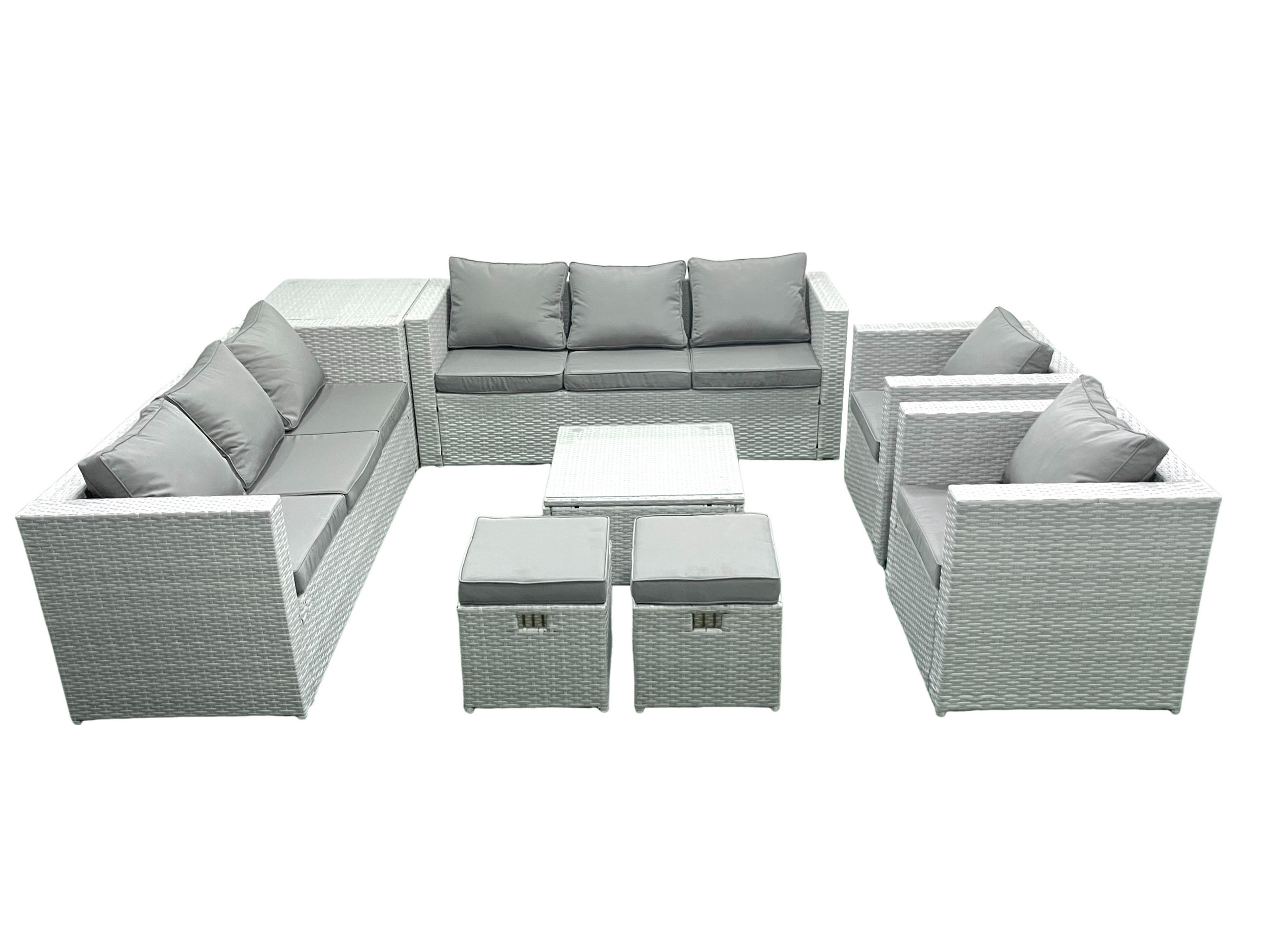 GARTENMÖBEL-SET mit Kissen Polyrattan Hellgrau-Mix 10-Sitzer - Hellgrau/Grau, Glas/Kunststoff - Fimous