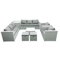 GARTENMÖBEL-SET mit Kissen Polyrattan Hellgrau-Mix 10-Sitzer - Hellgrau/Grau, Glas/Kunststoff - Fimous