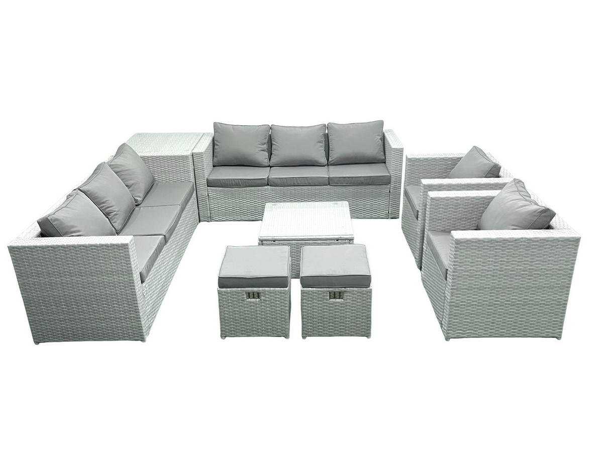 GARTENMÖBEL-SET mit Kissen Polyrattan Hellgrau-Mix 10-Sitzer - Hellgrau/Grau, Glas/Kunststoff - Fimous