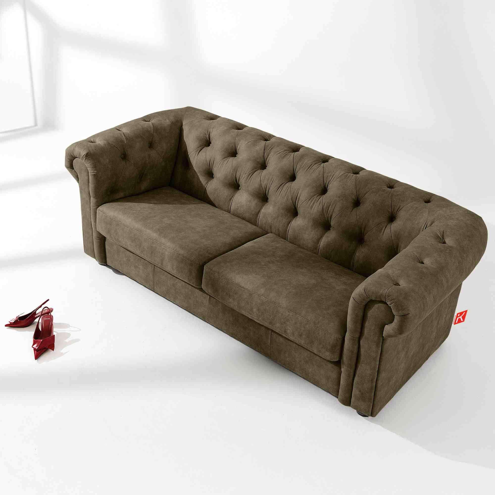 3-SITZER-SOFA GRAVO Chesterfield, Kunstleder - Wengefarben/Olivgrün, Leder/Holz (202/72/95cm) - KONSIMO®