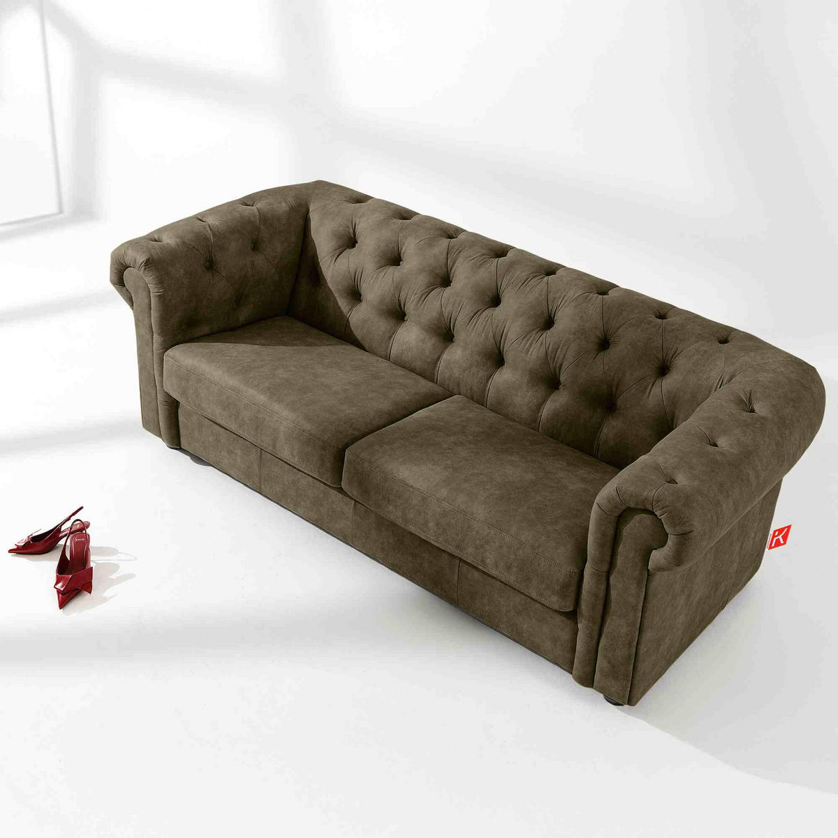3-SITZER-SOFA GRAVO Chesterfield, Kunstleder - Wengefarben/Olivgrün, Leder/Holz (202/72/95cm) - KONSIMO®