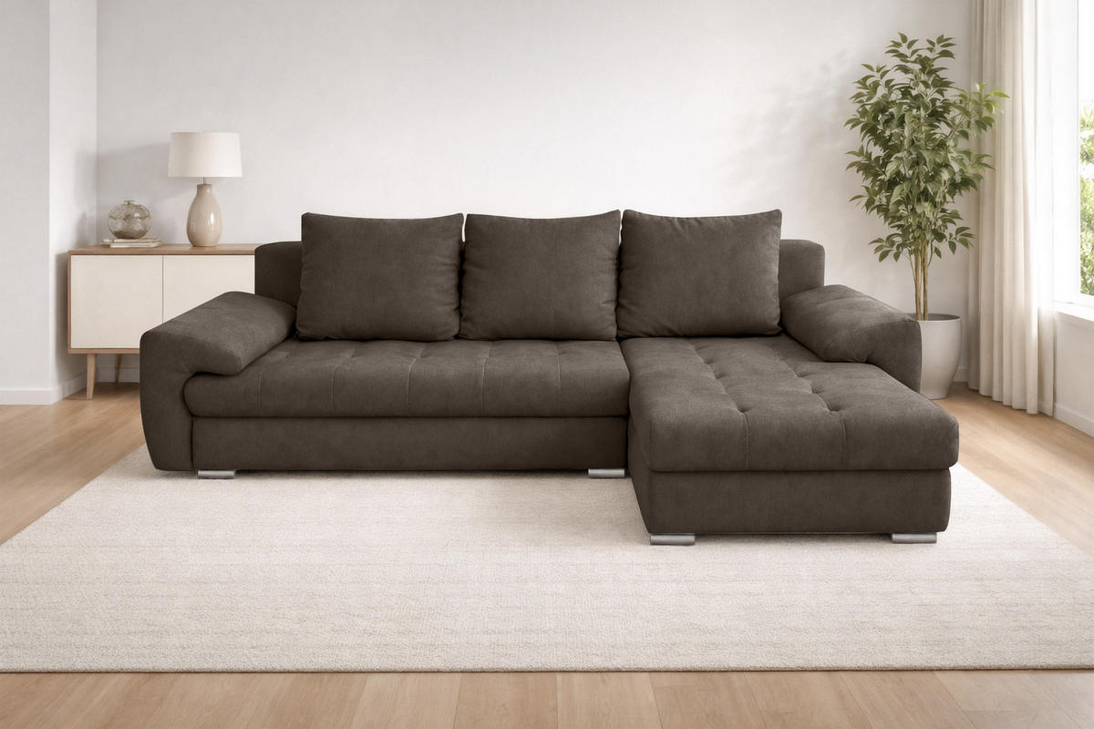 ECKSOFA L Form Manisa Braun 234/145/83 cm Rechts mit Schlaffunktion - Silberfarben/Braun, Kunststoff/Textil (234/145cm) - AX Living