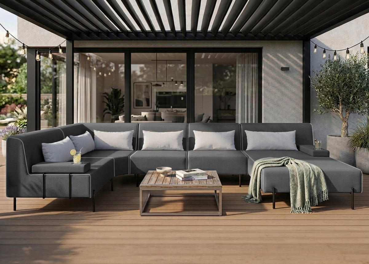 GARTENSOFA BORNEO XL Wetterfest 370x222x86 cm, Links, Solide Konstruktion, HR-Schaumfüllung, Wetterfeste Bezugstoff, Dunkelgrau - Dunkelgrau, Holz/Metall (370/86/222cm) - Trada