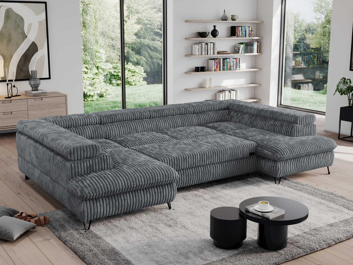 WOHNLANDSCHAFT PEDRO U Cord Dunkelgrau - Dunkelgrau/Schwarz, Textil/Metall (346/76/208cm) - MKS