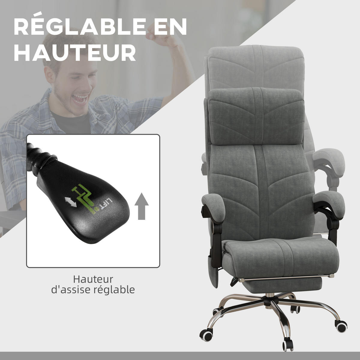 CHEFSESSEL DE-11803 mit Massage, Heizung & Neigefunktion Grau - Grau, Textil (70/117/64cm) - ComfortXL