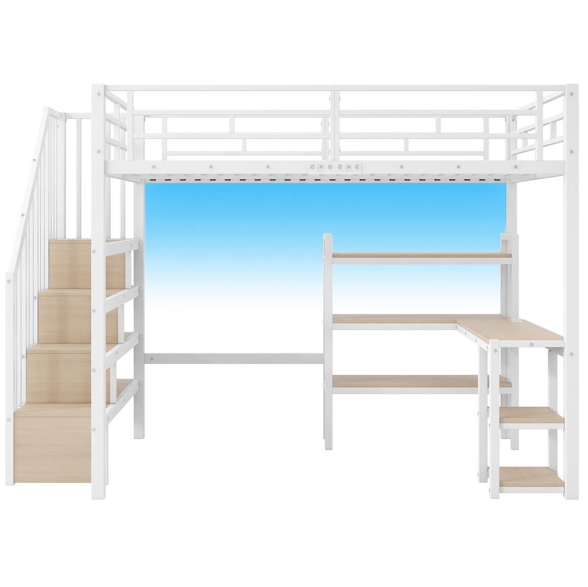 HOCHBETT 140/200 cm mit Treppe, Schreibtisch, Stauraum, USB-Ladestation und LED-Beleuchtung, Weiß - Weiß, Metall (140/200cm) - Redom