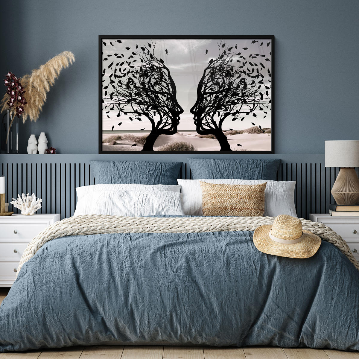 POSTER MIT RAHMENGERAHMTES BILD Strand - Meer - Menschen - Baum - Moderne Kunst 120x80 cm - Hellgrau, Papier (120/80cm) - MuchoWow