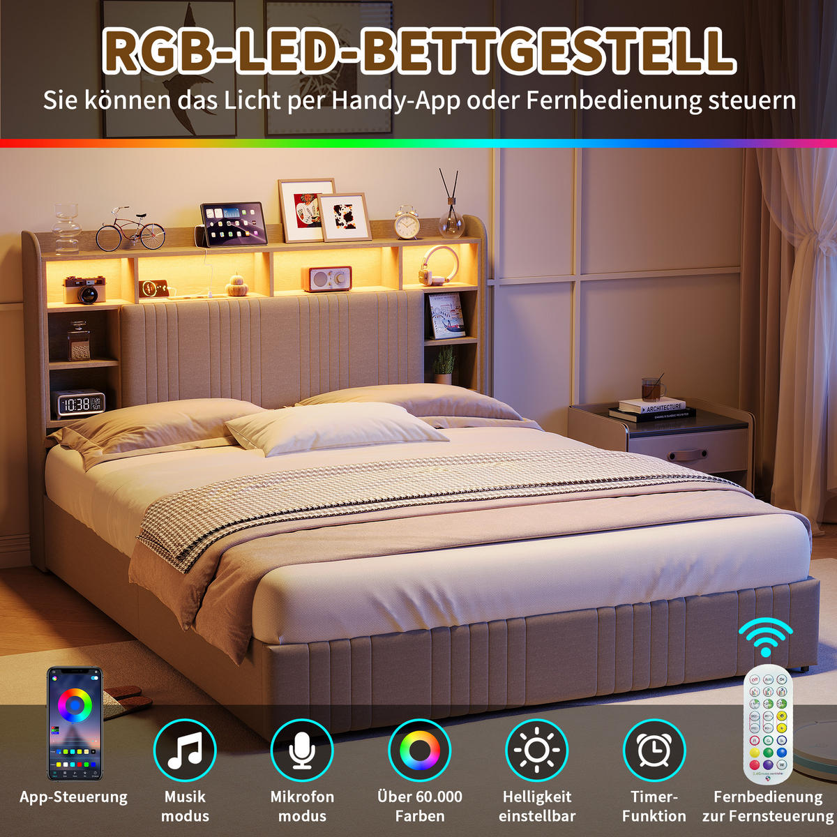 POLSTERBETT 160x200 cm LED USB 4 Schubladen Stauraum Kopfteil Leinen beige - Beige, Holz (160/200cm) - LEBENLANG