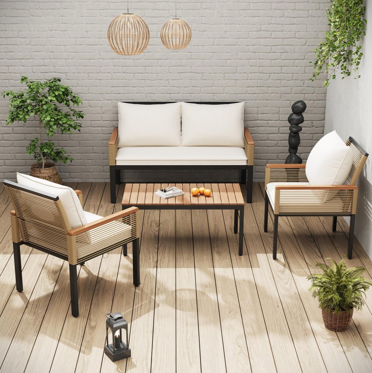 GARTENLOUNGE-SET mit 2 Sesseln, Doppelsofa und Tisch aus Polyrattan mit Akazienholz, Beige - Beige, Metall - Redom