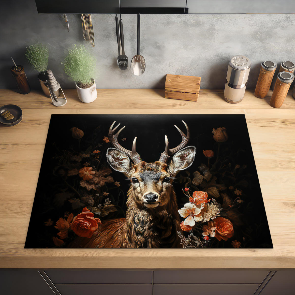 HERABDECKPLATTE - Hirsch - Tier - Blumen - Natur - Botanisch - 80x55 - Kupferfarben, Kunststoff (80/55/0.2cm) - MuchoWow