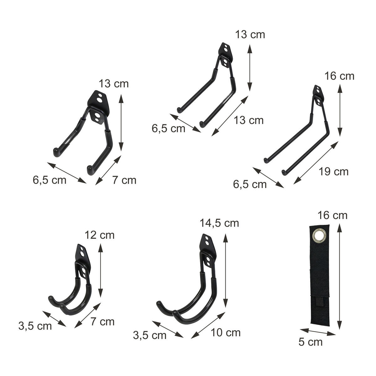 SADA 12 nástěnných háčků - černá, kov/plast (18/8/23cm) - Relaxdays