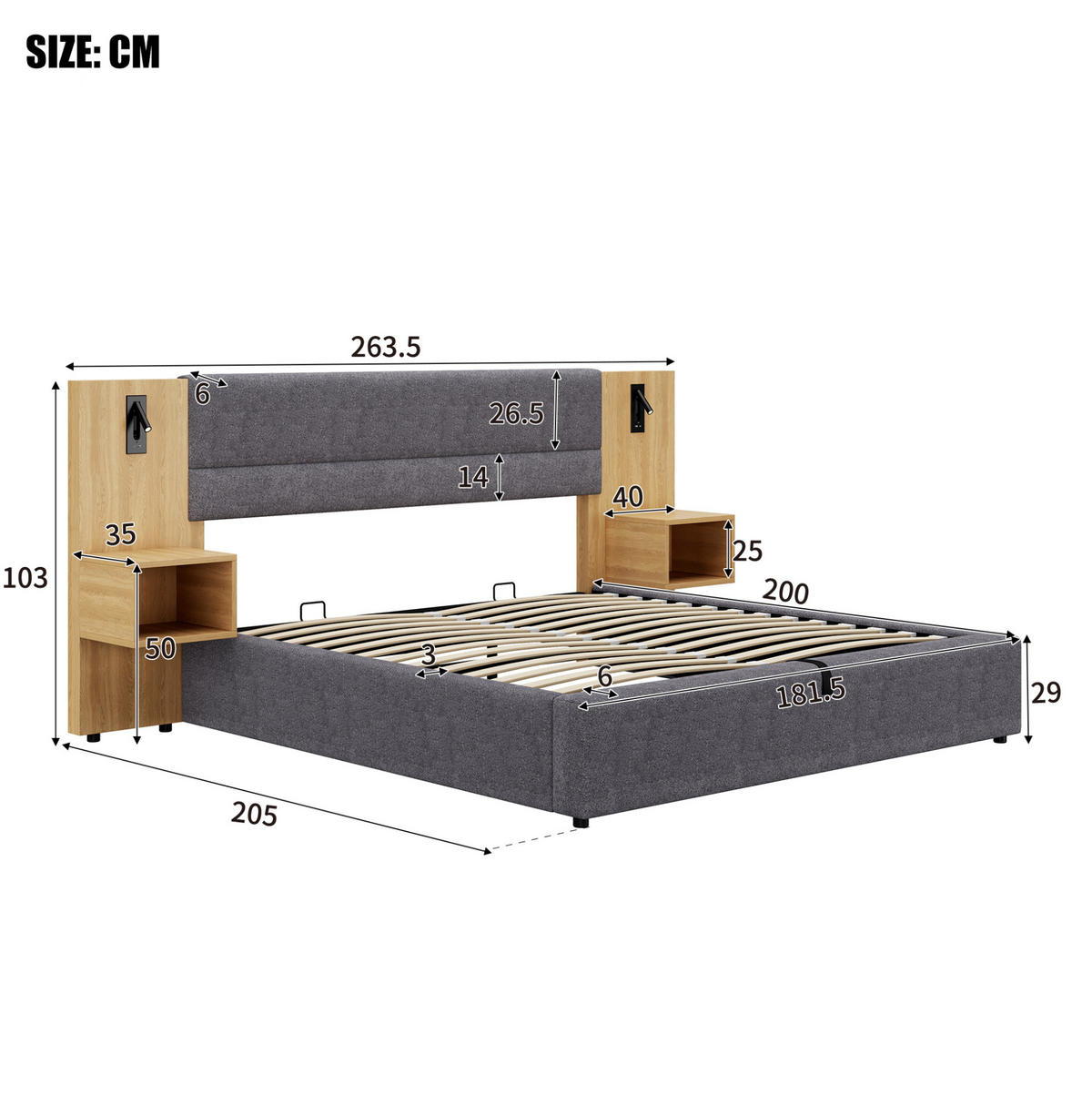 BETT mit Stauraum 180x200 cm Samt Grau/Natur inkl. 2 Nachttischen - Grau, Metall (180/200cm) - Meubliv