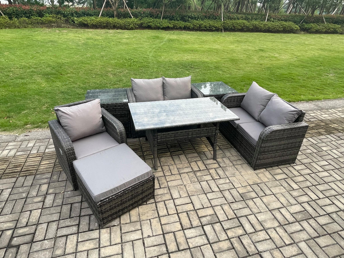 Gartenmöbelset mit Esstisch,Hockern,Beistelltisch Polyrattan Dunkelgrau 6-Sitzer - Dunkelgrau/Grau, Glas/Kunststoff - Fimous