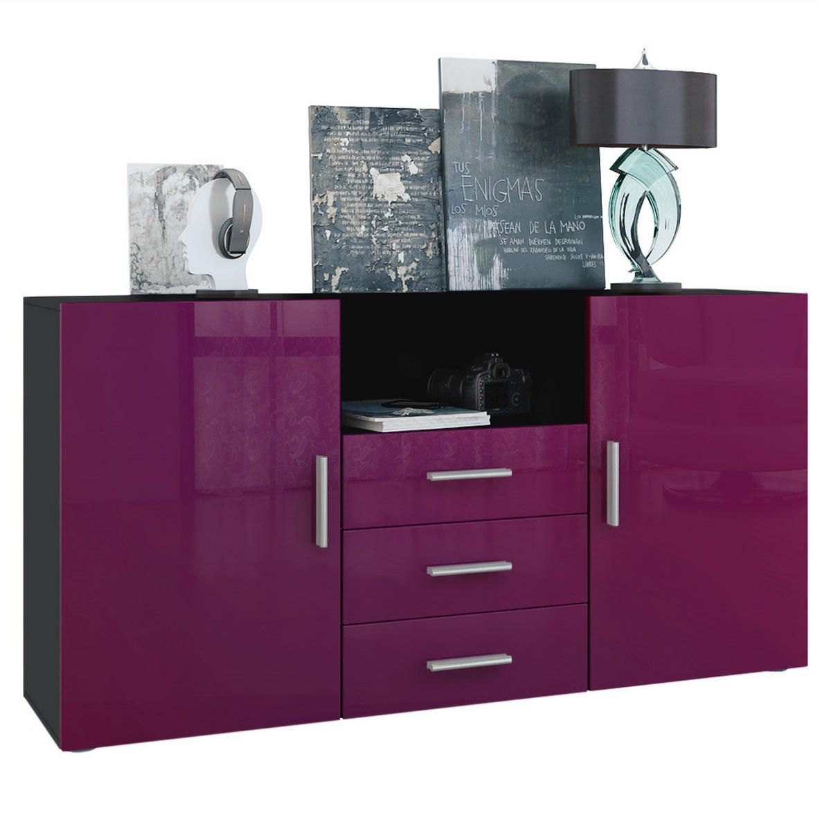 SIDEBOARD Skadu Front in Brombeer Hochglanz - Brombeere, Holzwerkstoff (138.5/71.5/35cm) - Vladon