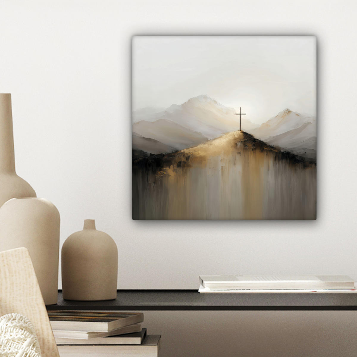 LEINWANDBILD Hügel - Abstrakt - Kreuz - Christentum Deko Wohnzimmer 20x20 cm - Beige, Textil (20/20cm) - MuchoWow